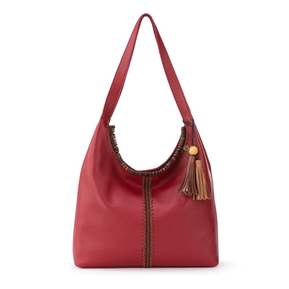 The Sak Huntley Leather Hobo Bag Crimson Crochet Red Shoulder Bag 108601 NEW